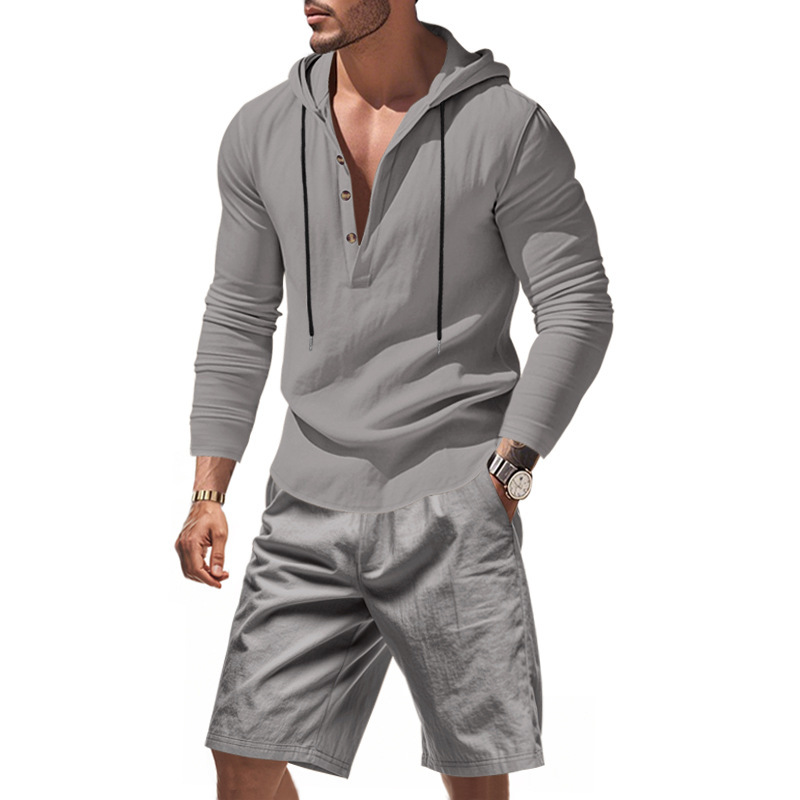 Linen Shorts Men - Męski lniany komplet dwuczęściowy: bluzka henley