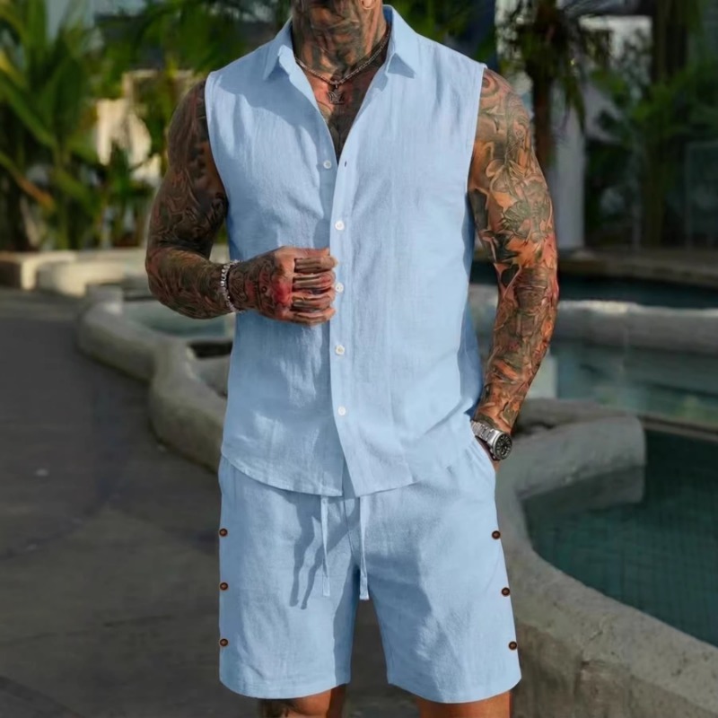 Linen Shorts Men - Męski lniany komplet dwuczęściowy z teksturą,