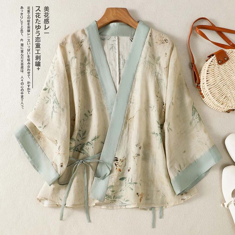 Summer Clothing Wraps - Krótki kardigan kimono z kwiatowym nadrukiem