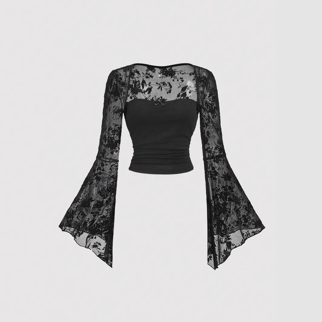 Summer Grunge Clothing - Gotycka, seksowna, koronkowa, siateczkowa bluzka z