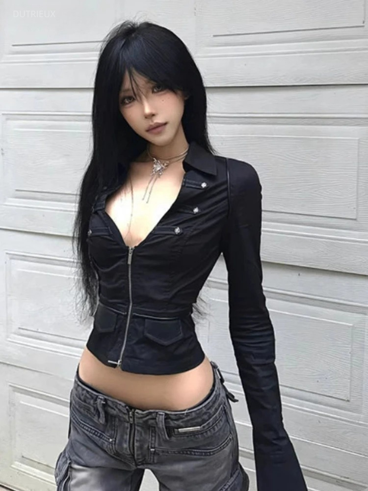Summer Grunge Clothing - Y2k estetyczne kobiety seksowna bluzka solidne