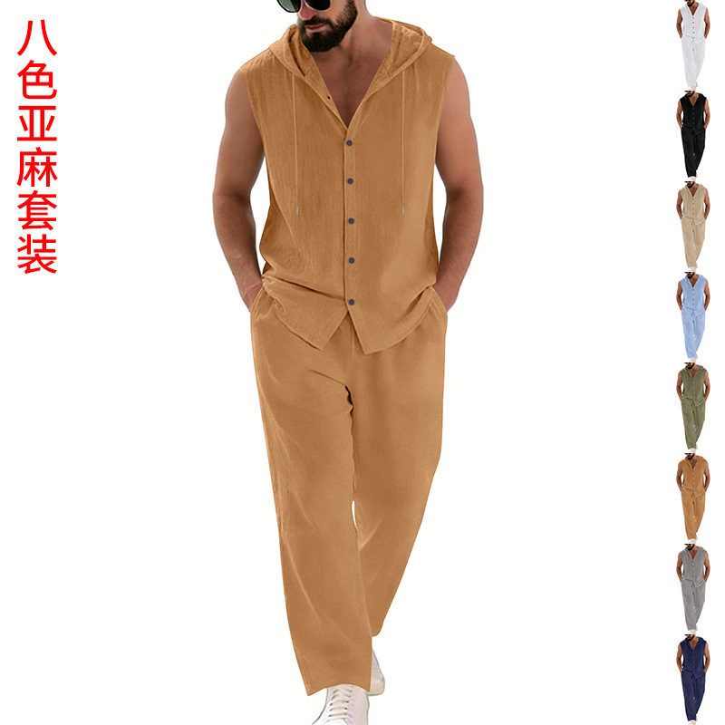 Summer Clothing Us - Męski lniany komplet casualowy: bluza z