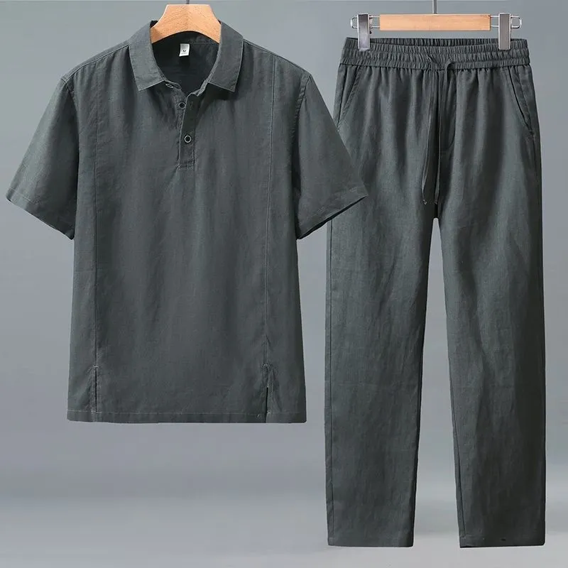 Linen Shorts Men - Męski letni lniany komplet dwuczęściowy plus